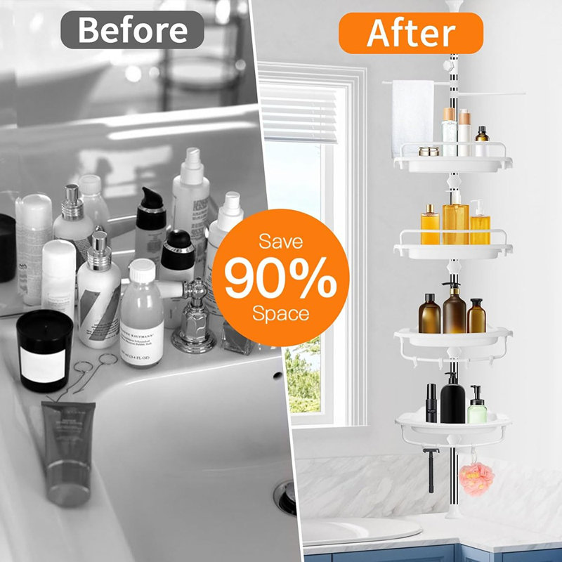 Poteau de tension de mise à niveau pour support de douche - Argent - Organisateur de coin réglable à 4 niveaux, acier inoxydable 18/8, tablette de salle de bain antirouille pour shampooing et accessoires