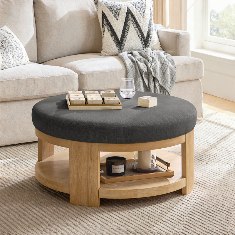 Kat Modern 40" Round Cocktail Ottoman with Solid Wood Legs, Grey