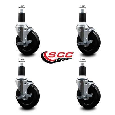 Soft Rubber Swivel 1-1/2 Inch Expanding Stem Caster Set with Brake SCC