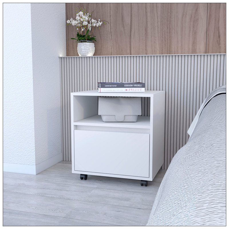 Table de chevet, tablette supérieure ouverte, 1 tiroir, Blanc