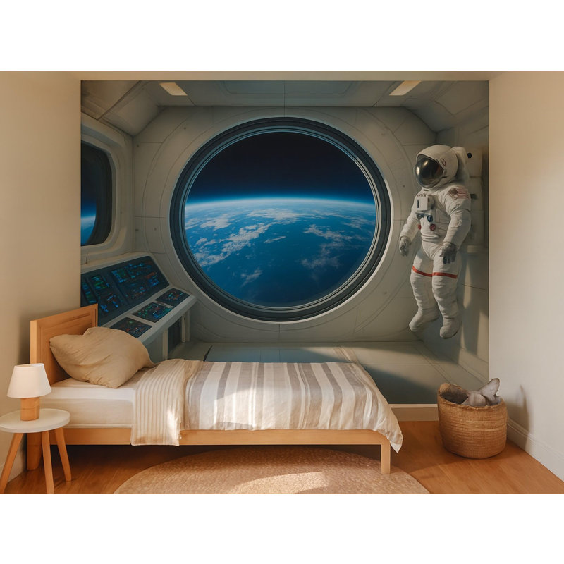 Space Station Wall Mural, Peel and Stick Astronaut Wallpaper for Kids Room, Removable Self Adhesive Satin Finish Panels, Original Art, 65"W x 96"H