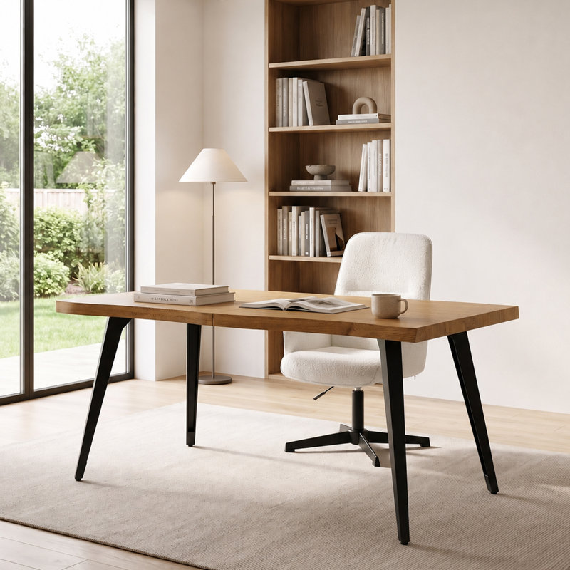 2-Piece Industrial Swivel Office Chair and Rectangular Wood Desk Set for Home Office or Executive Workspace, Ivory