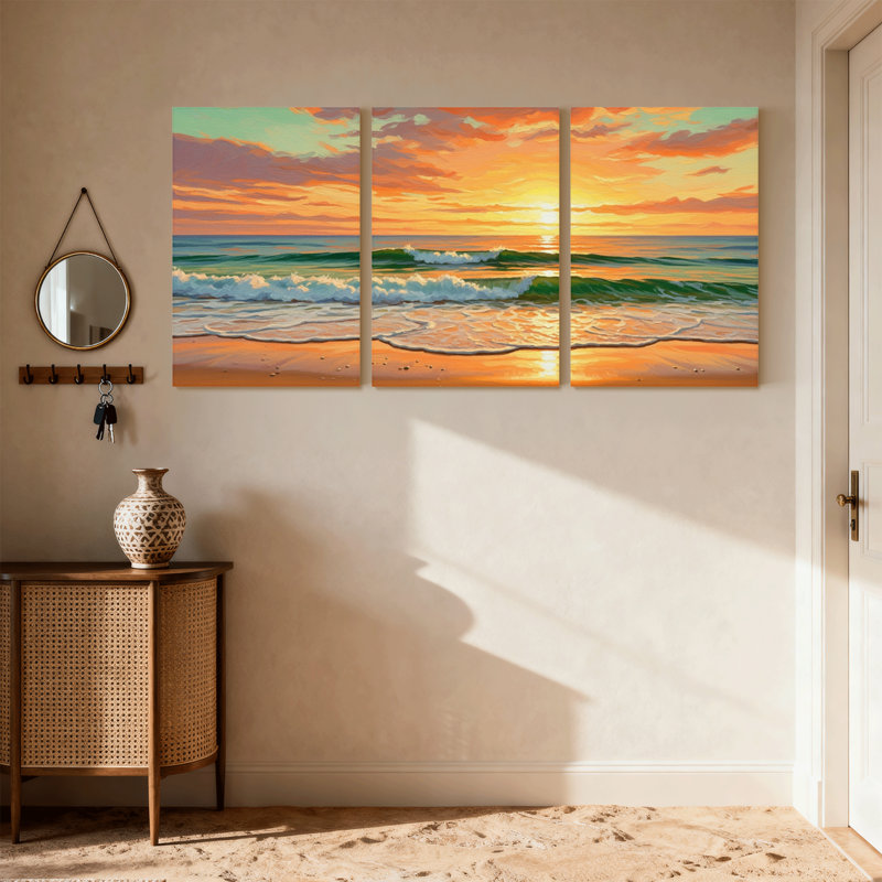 Nautique et plage coucher de soleil océan vagues plage ciel horizon couleurs ensemble de 3 impressions d'art sur toile
