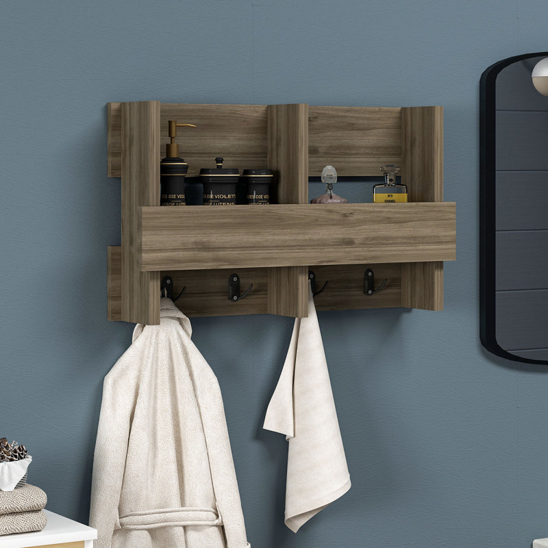 Blanford Accent Shelf with Hooks, Walnut