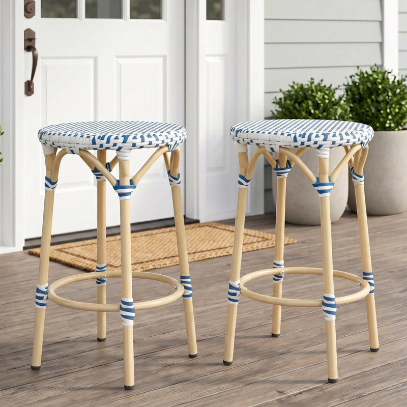 25.2" H Wicker Bar Stool, Blue/White
