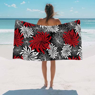 Beach Towel Chrysanthemum Bath Pool Towels Vintage Red Grey Floral Absorbent Beach Towel Soft Large Quick Dry Lightweight Camping Travel Sports Yoga Gym Swim Towels for Adult 32x63 Inch