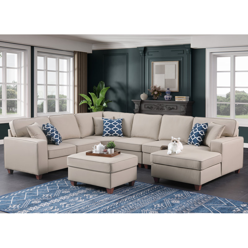 Artificial Leather Modular Sectional With Ottoman, Beige Artificial Leather