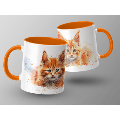 Cat Design 11oz Accent Mug – White Ceramic Coffee Cup with Colored Handle and Interior