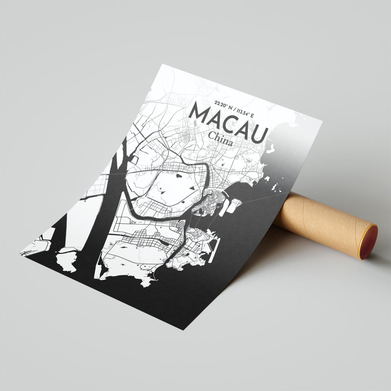 Macau, carte de la ville, impression, Noir / blanc, H 20 po x l 16 po