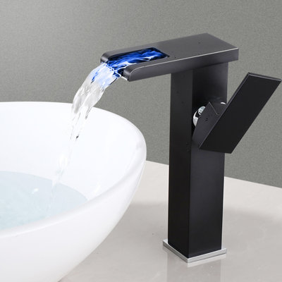 Waterfall Bathroom Vessel Faucet Led Light 3 Color Changing Single Handle One Hole Bowl Sink Faucet