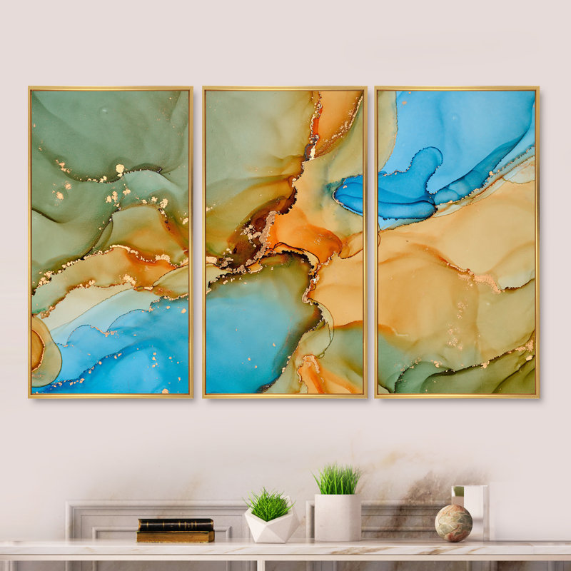 «Brown and Blue Luxury Abstract Fluid Art III», ensemble d'art mural moderne sur toile encadrée, Or