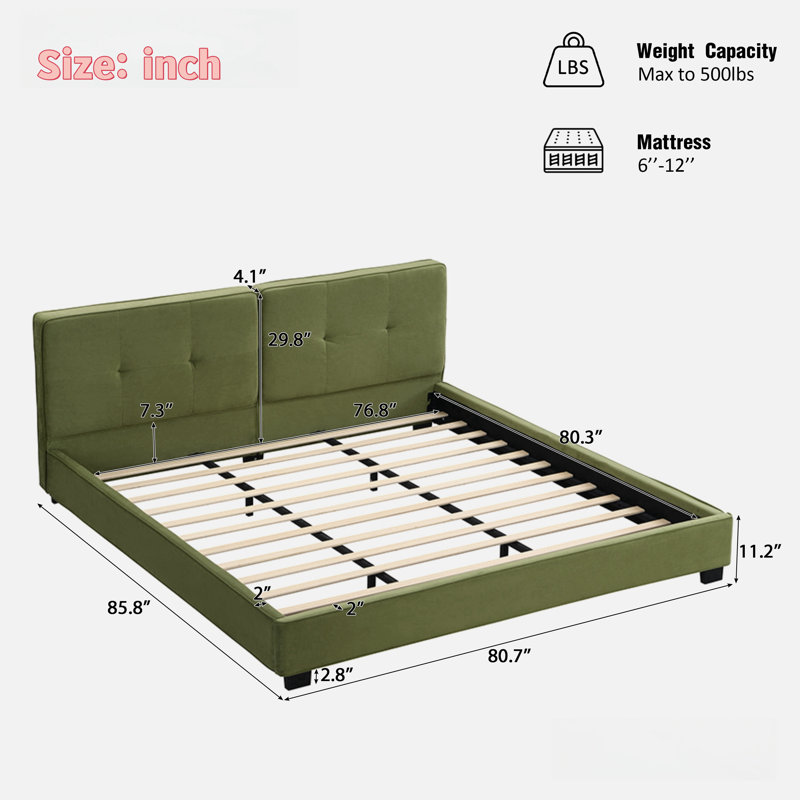 Upholstered Platform Bed With Curved Tufted Headboard, Soft Square Corners