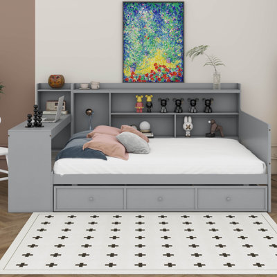 Full Size Daybed With Storage Shelves, Headboard And Desk, Wooden Platform Bed With 3 Drawers And USB Ports