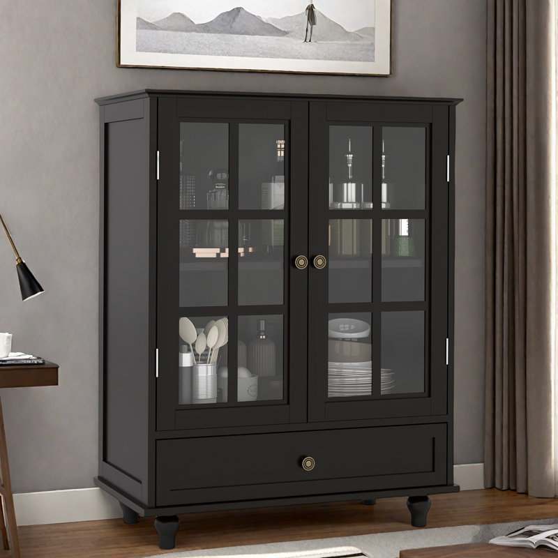  Minimalist Modern Wooden Storage Sideboard Cupboard with Double Glass Doors and Drawer for Living room, Dining Room, Hallway, Entryway