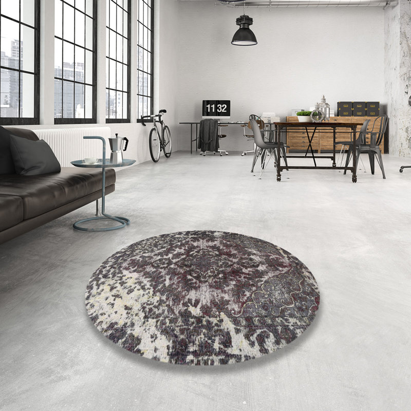 Tapis oriental en laine noir / gris, Rond 3 pi