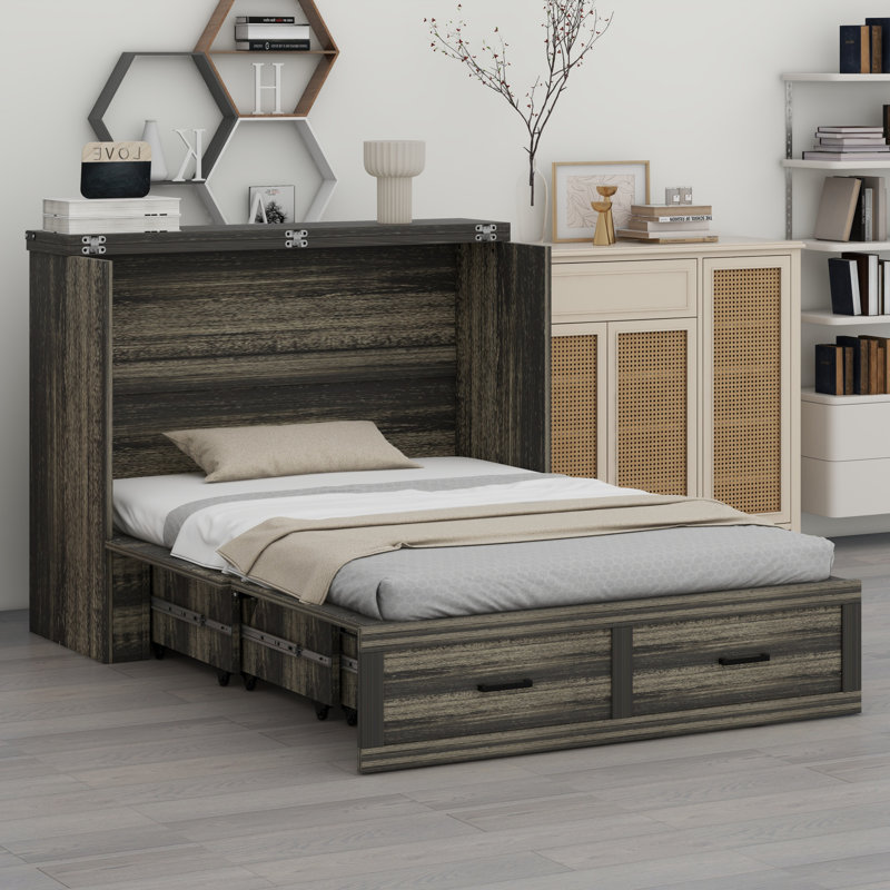 Armoire lit escamotable Murphy avec station de charge, lit plateforme pliable multifonctionnel avec 1 grand tiroir de rangement