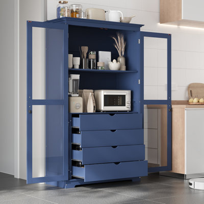Kitchen Pantry, Freestanding Kitchen Storage Cabinet Display Cabinet With Glass Doors And 4 Built-In Drawers For Living Room, Home Office