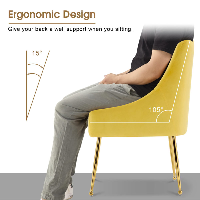 Modern Dining Chair, Velvet Upholstered Dining Chair with Gold Legs, Yellow