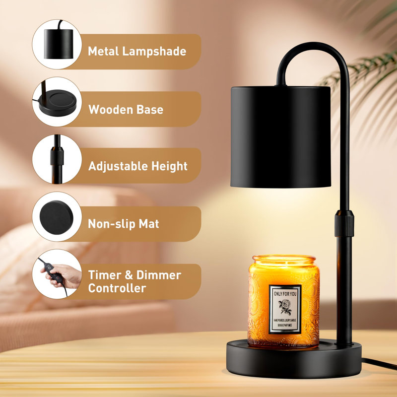 Lampe chauffe-bougie à intensité variable avec minuterie, chauffe-cire électrique réglable en hauteur, cadeau idéal pour Noël, un anniversaire ou une pendaison de crémaillère, base en bois massif noir.