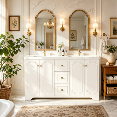 Meuble de salle de bain sculpté de style français, grand espace de rangement - 4 portes à fermeture en douceur et 3 tiroirs