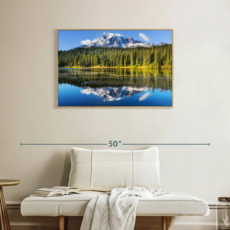 Lac alpin près du mont Rainier, Cadre flottant en bois naturel, 37 po x 25 po
