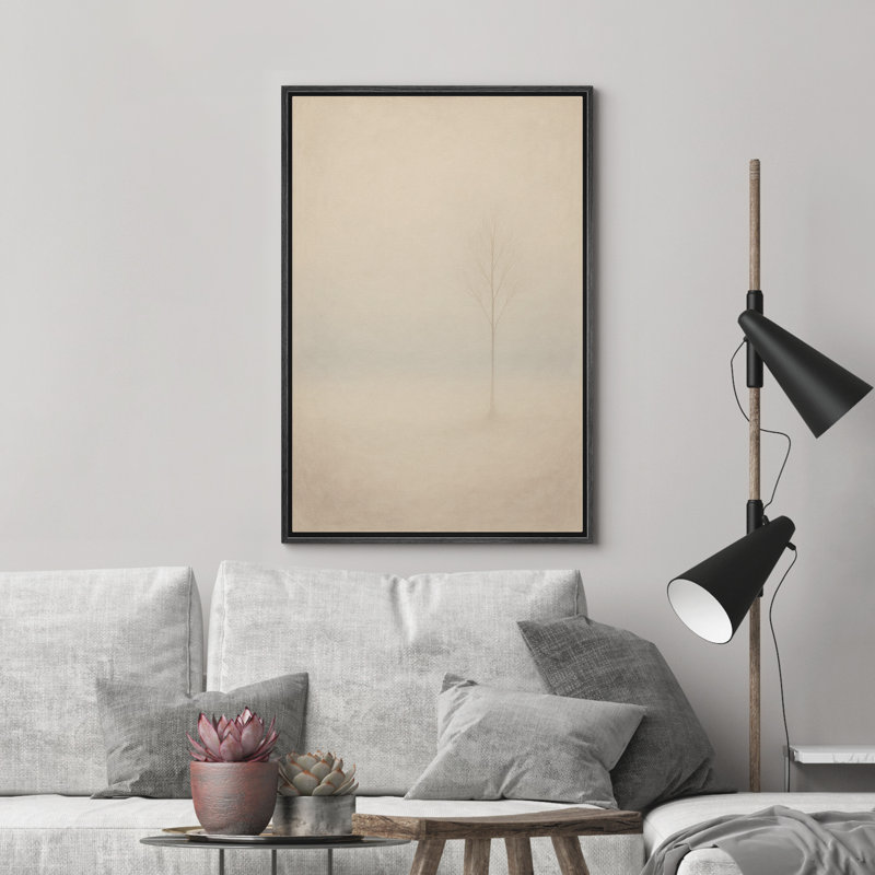 «Bare Tree in Beige Mist», toile encadrée - paysage d'hiver minimal pour salon ou bureau moderne - décor nordique neutre doux