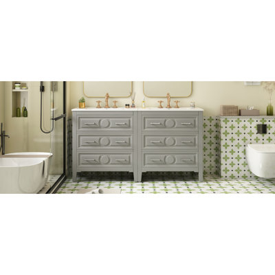 Meuble-lavabo gris 60 po, lavabo en céramique, structure en bois massif, 3 tiroirs - grand espace de rangement, poignée en métal argenté, meuble-lavabo classique, couleur, style rétro, assemblage facile