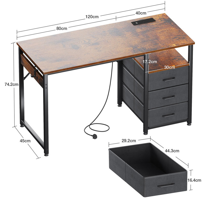 Metal Base Computer Desk with Power Outlet, Brown/Black