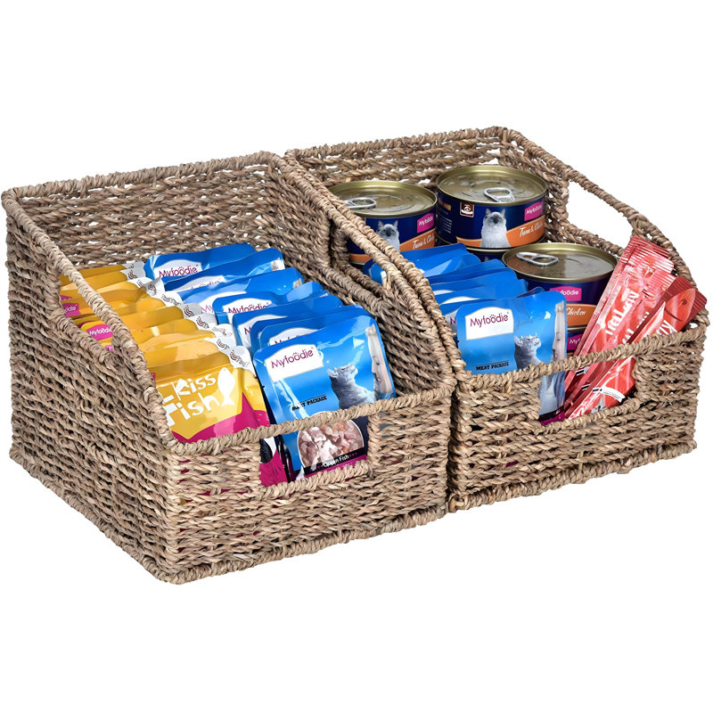 Handwoven Seagrass Storage Baskets - Natural Rectangular Organizer For Kitchen, Bathroom, Living Room - 8.5" X 7.5" - Set Of 2