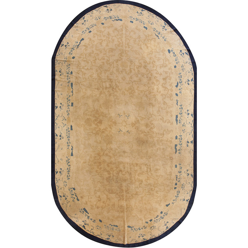 Antique Ivory Cream Color Open Cloud Band Field Chinese Peking Oval Shape Rug