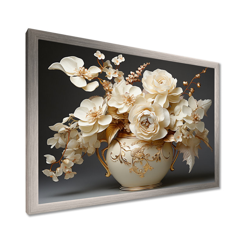 Impression sur toile Baroque Hydrangea blanc et or VII - Hydrangea, H 30 po x l 40 po x P 1,5 po, Cadre simple argenté