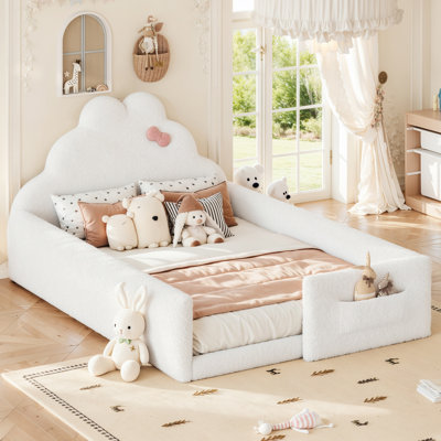 Lit double tapissier au sol, lit bas au sol, lit rembourré pour enfants, cadre de lit sécuritaire pour enfants avec poche de rangement latérale pour enfants