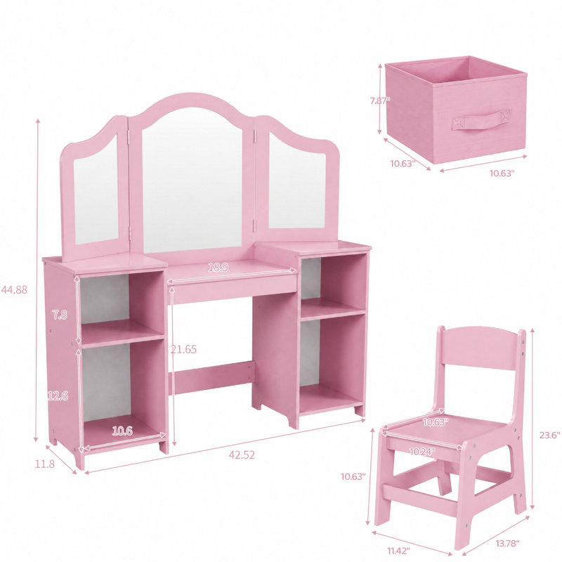 Bureau et chaise de maquillage Melisa 2-en-1 avec miroir amovible pliable en trois, tablettes de rangement Qpen faisant semblant de jouer, cadeau idéal pour les petites filles
