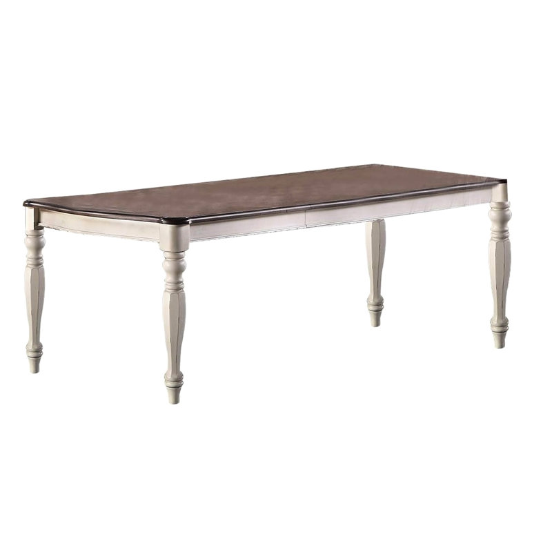 Table de salle à manger de style transitionnel avec 2 feuilles, blanc antique, plateau en chêne, pour 8 chaises modernes blanches et en chêne, rectangulaire