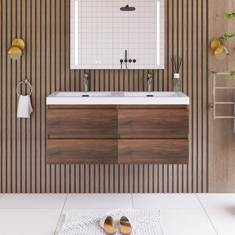 Reggina 47.05'' Double Bathroom Vanity with Resin Top, Rose Wood