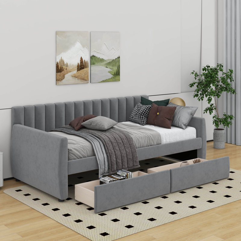 Lit de jour simple tapissier avec tiroirs, Gris