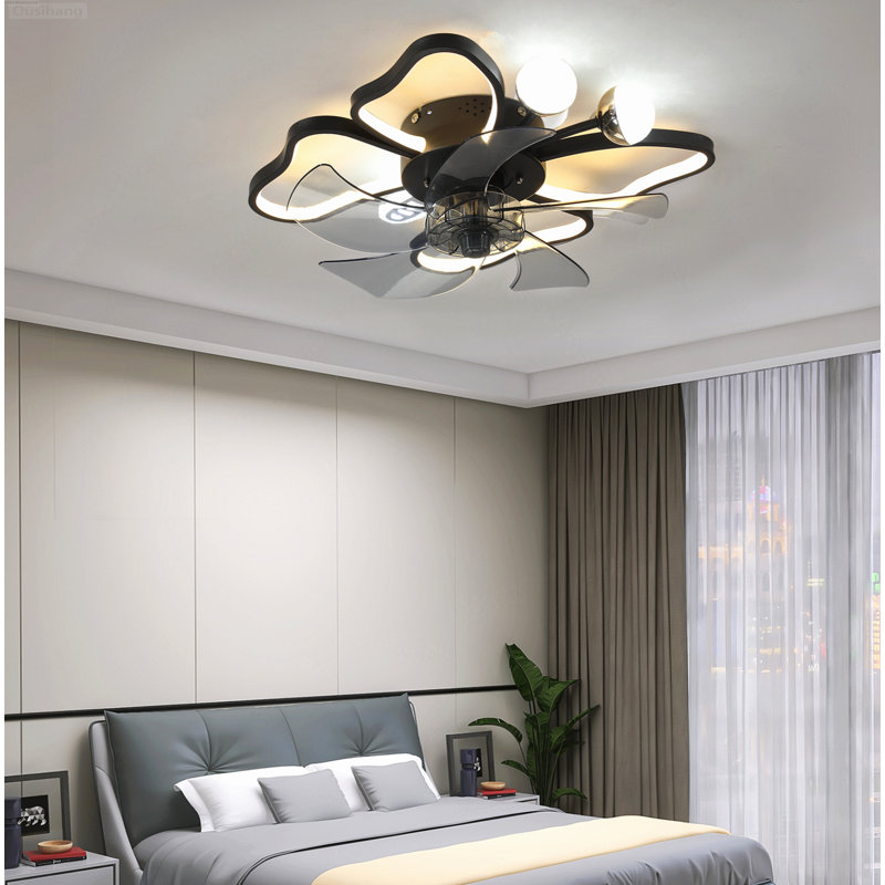 Modern Butterfly Flush Mount Ceiling Fan with Light Dimmable Remote Control Matte Black