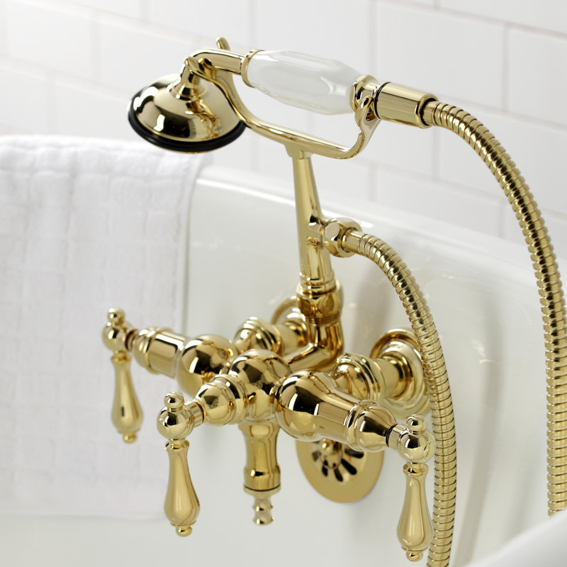 Kingston Brass Vintage Three-Handle 2-Hole Tub Wall Mount Clawfoot Tub Faucet with Hand Shower, Polished Brass