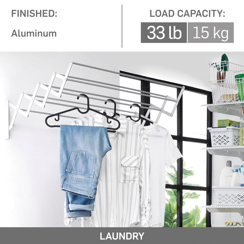 Séchoir à vêtements mural en aluminium 24 po - Support à linge extensible à 8 tiges pour une utilisation intérieure / extérieure - peu encombrant, résistant à la rouille, capacité de 33 lb