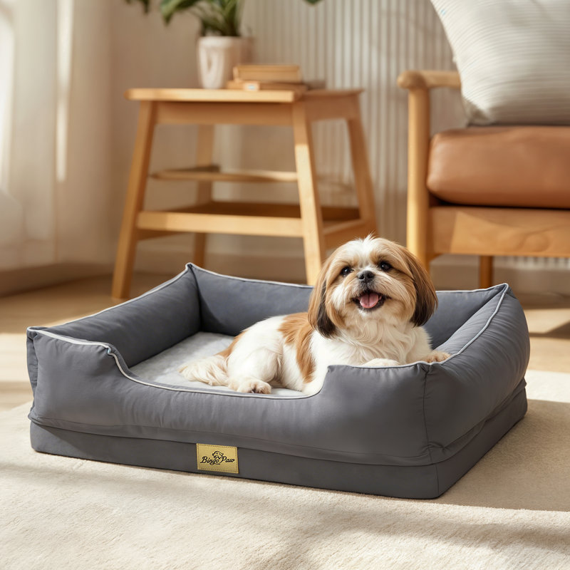 Orthopedic Dog Bed with Bolster , Grey, Medium (18cm H x 77cm W x 63cm D)