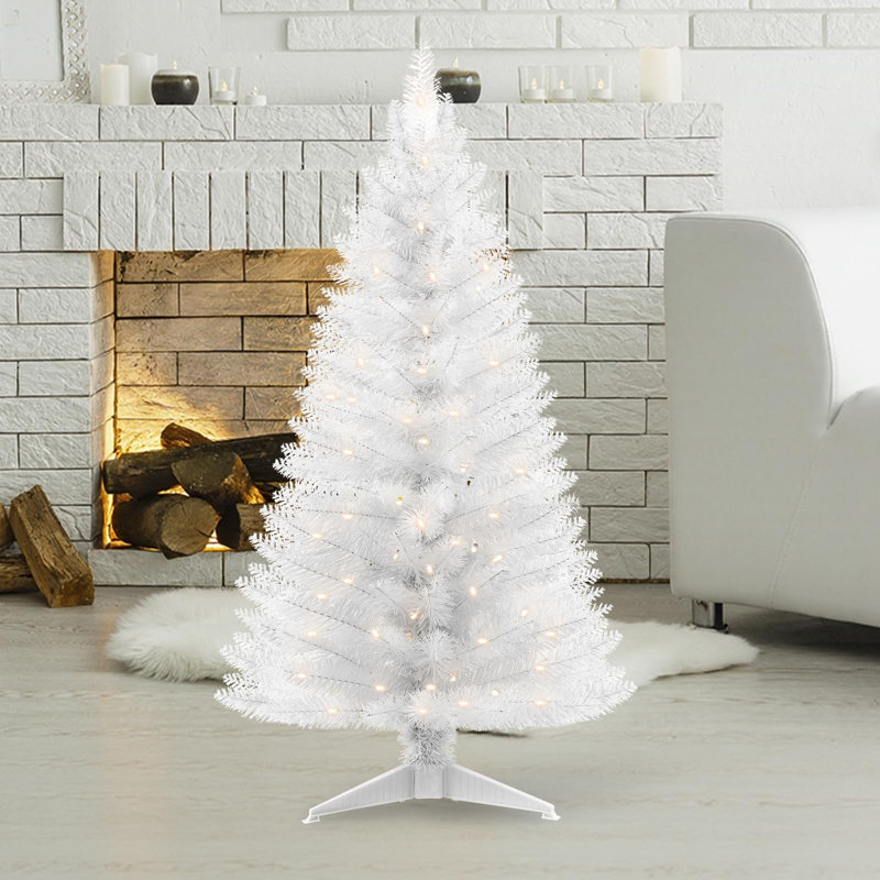 Arbre de Noël blanc illuminé 4 pi avec lumières blanches chaudes, arbre de Noël artificiel 122 branches, installation facile en 3 minutes pour la décoration de la cheminée