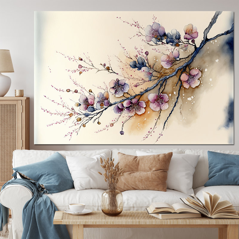 Rose et prune, branche de cerisier en fleurs I - art mural moderne sur toile, H 40 po x l 60 po