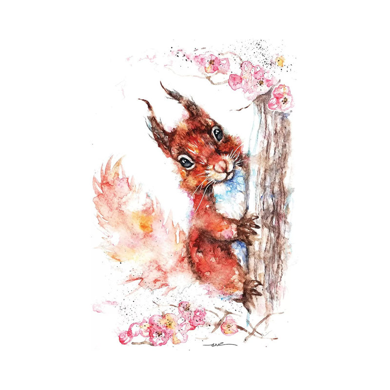 Écureuil et fleur - reproduction d'art sur toile tendue, H 12 po x l 8 po x P 0,75 po