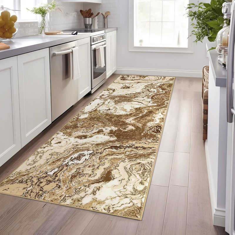2'X8' Modern Marble Runner Rug, Washable Kitchen Runner Abstract Marble Pattern Rug Runners For Hallways Non Slip For Bedroom Entryway, Brown