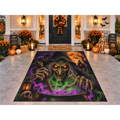 Tapis d'extérieur 152 x 213 cm (5 pi x 7 pi) vert fantôme sorcière, épais, imperméable, en PVC bouclé, résistant, séchage rapide, idéal pour porche, terrasse, balcon ou entrée.
