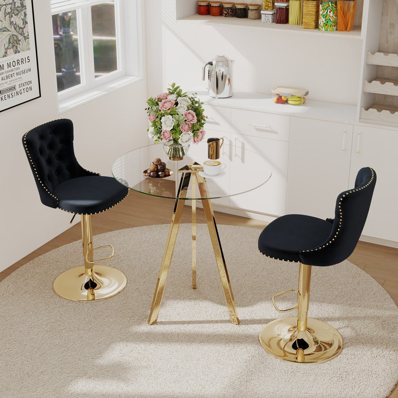 Bar Height Set, Tempered Glass Round Dining Table and Velvet Adjustable Dining Chairs., Black, 3