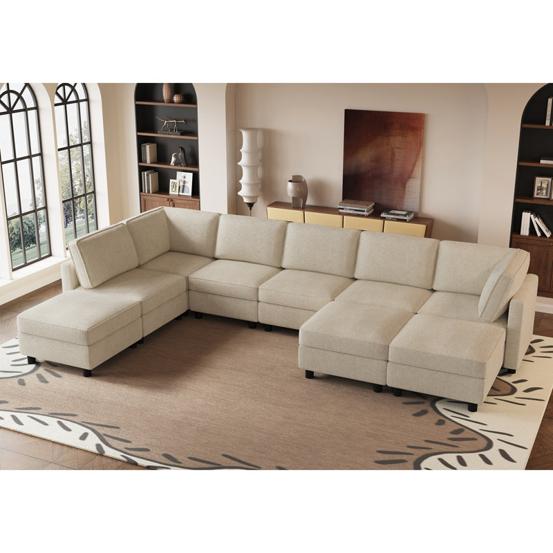 Oversized U-Shaped Sectional Couch, Full Seats Hidden Storage For Family Room, Beige Polyester Blend