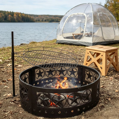 36in Fire Pit Ring with Poker Heavy Duty Steel 12in H