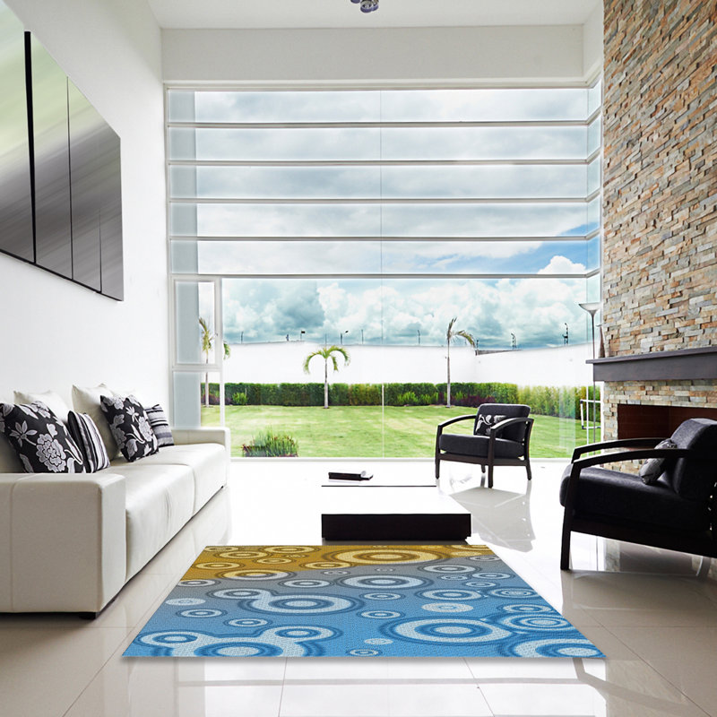 Tapis bleu/jaune tissé à la machine, Carré 3 pi