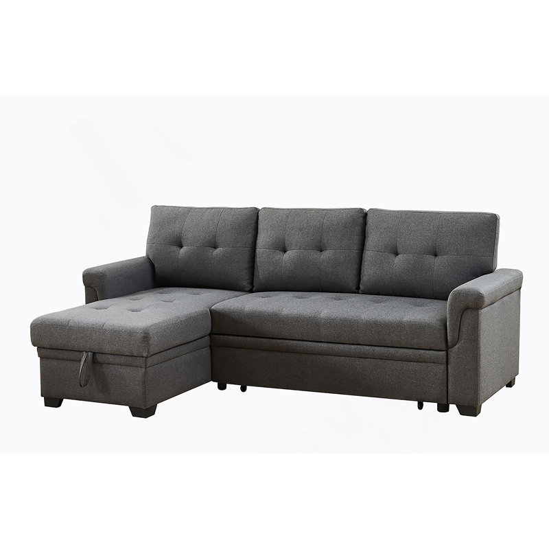 84" Dark Gray Linen Reversible Sleeper Sectional Sofa With Storage Chaise